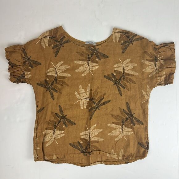 Elena Baldi DragonFly 100% Linen Mustard Yellow Ruffle Sleeve Blouse Small - Picture 4 of 14